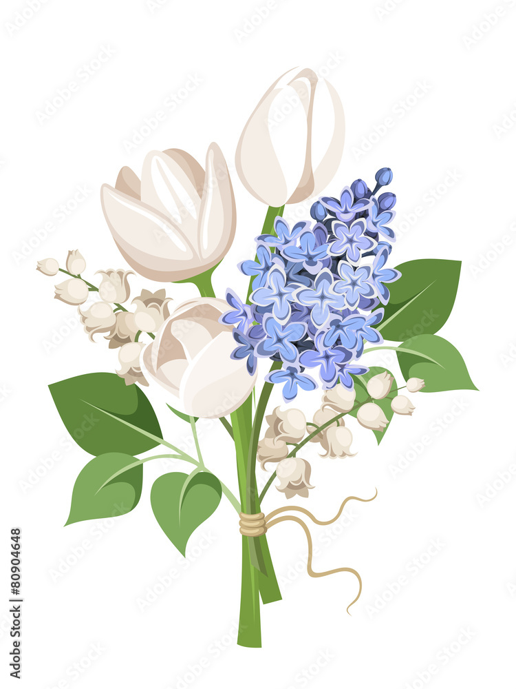 Obraz premium Bouquet of tulips, lilac flowers and lily of the valley. Vector.