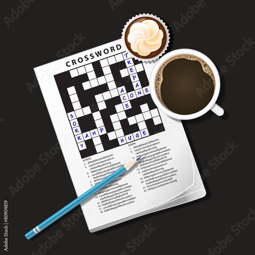 illustration of crossword game, mug of coffee and cup cake