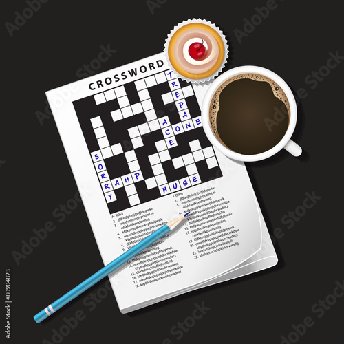 illustration of crossword game, mug of coffee and cup cake