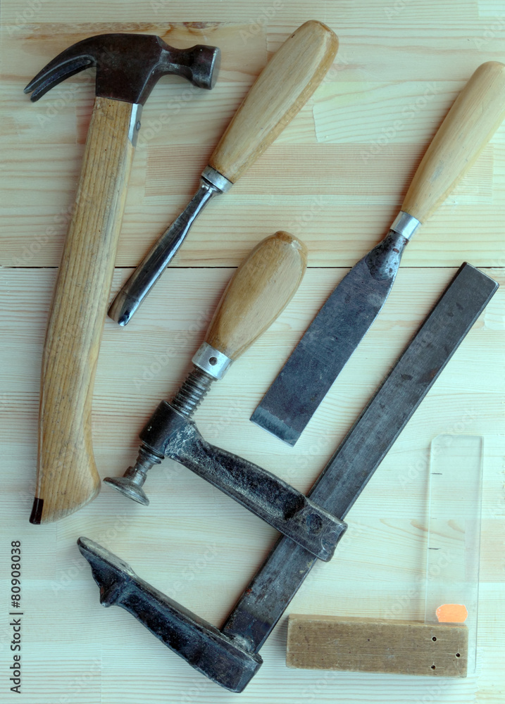 Carpenter Tools Hummer, G-clamp, Plane and Chisels Carpenter Tools Hummer, G-clamp, Plane and Chisels