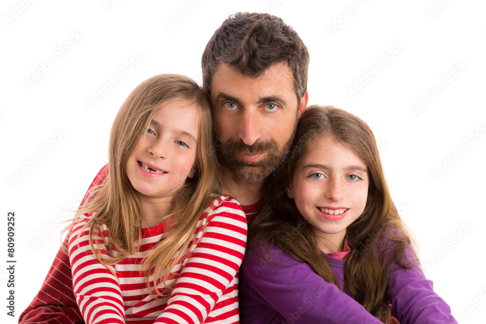 Happy family beard father and two daughters Happy family beard father and two daughters