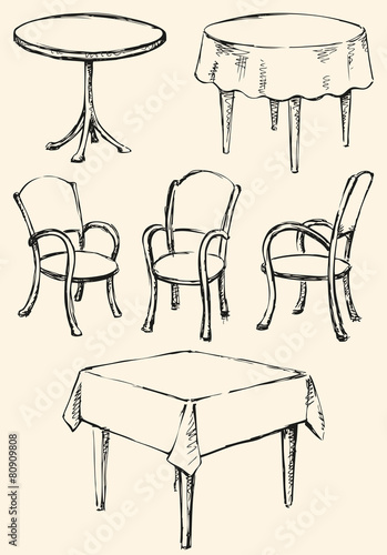 Different Сhairs and tables. Vector sketch