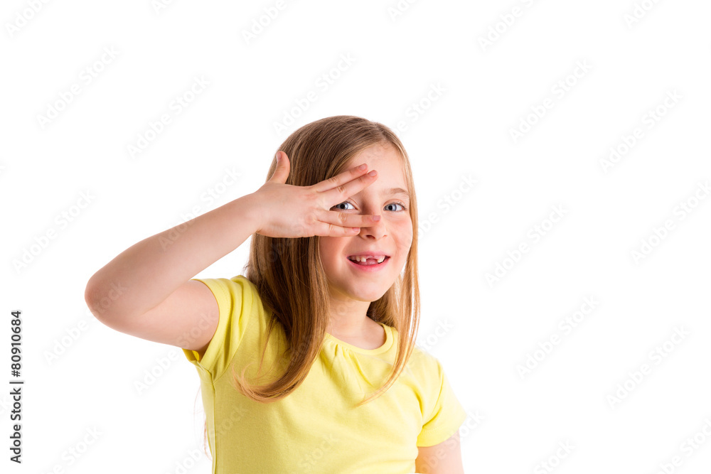 Blond indented kid girl hiding eyes with fingers Blond indented kid girl hiding eyes with fingers