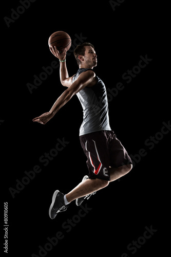 Basketball player in action is flying high
