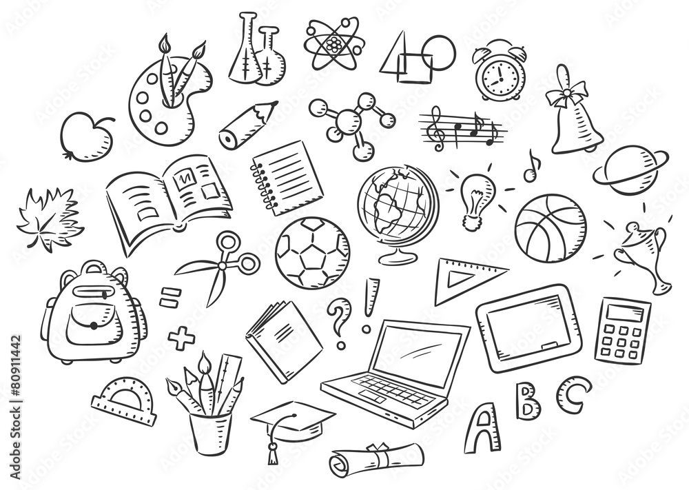 Set of Simple Cartoon School Things, Black and White Outline - obrazy, fototapety, plakaty 