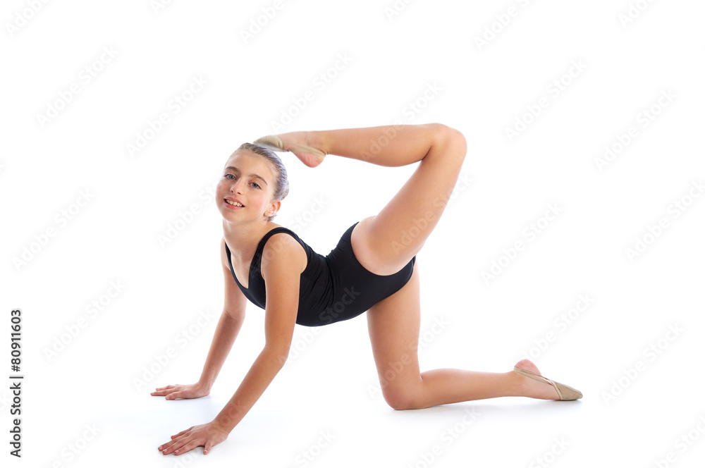 Kid girl rhythmic gymnastics exercises on white Kid girl rhythmic gymnastics exercises on white