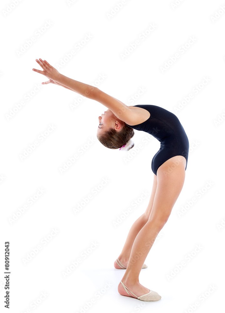 Kid girl rhythmic gymnastics exercises on white Kid girl rhythmic gymnastics exercises on white