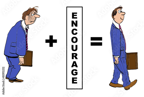 Cartoon of businessman evolution with encouragement.