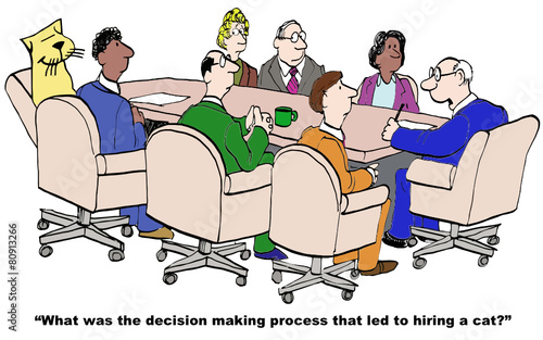 Cartoon of business boss curious about decision process