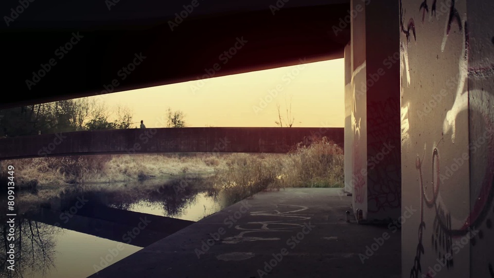 Man Runs Over Bridge At Sunrise Man Runs Over Bridge At Sunrise