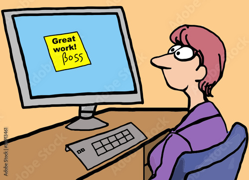 Cartoon of businesswoman and compliment from boss