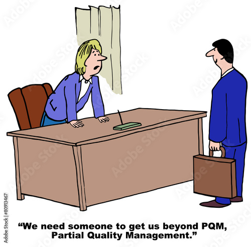 Cartoon of businesswoman and Total Quality Management.