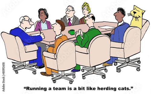 Photography Cartoon of businessman, running a team like herding cats