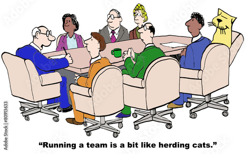 Cartoon of businessman, running a team like herding cats