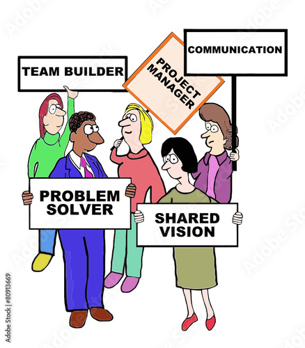 Cartoon of project manager characteristics and qualities.