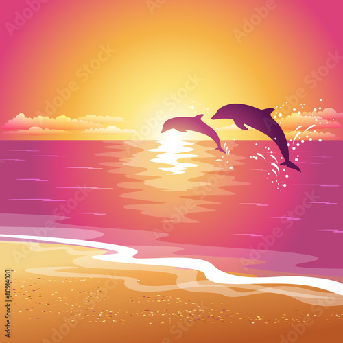 Background with silhouette of two dolphins at sunset. Eps10 © evgladysh