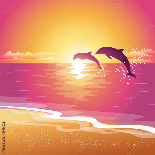 Background with silhouette of two dolphins at sunset. Eps10