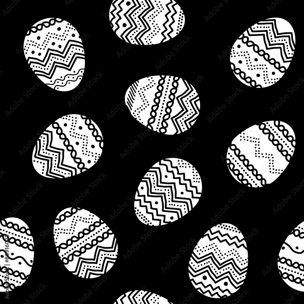 Easter eggs with hand drawn ornament. Black and white seamless v Easter eggs with hand drawn ornament. Black and white seamless v