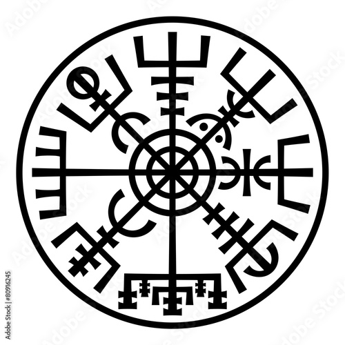 «Vegvisir». The Magic Navigation Compass of Vikings. Runescript from Ancient Medieval Icelandic Manuscript Book. Talisman for luck road and good voyage. (In The Ring).