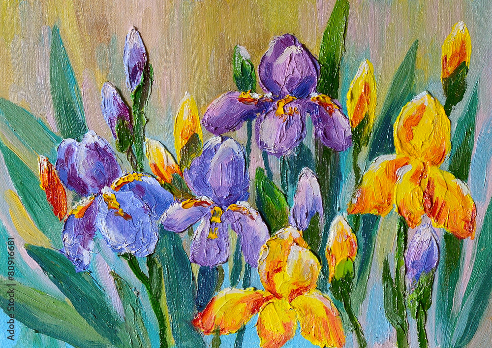 Oil Painting - bouquet of flowers irises - obrazy, fototapety, plakaty 