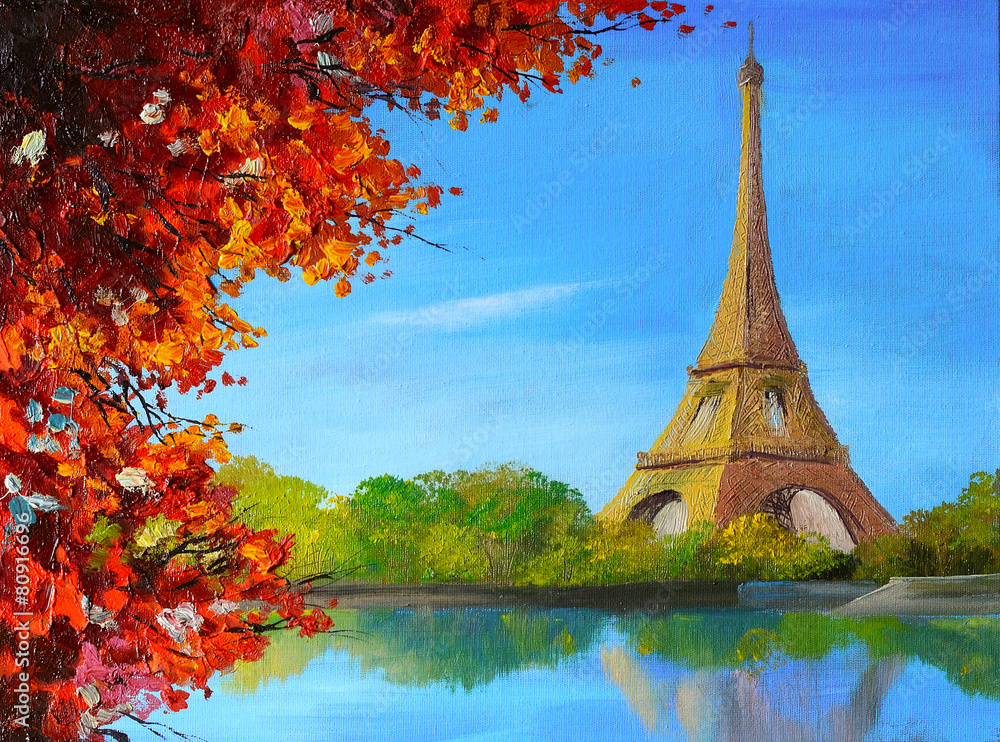 Fototapeta premium oil painting - lake near the Eiffel Tower