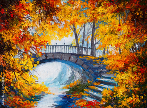 Oil Painting - autumn forest with a road and bridge over the roa
