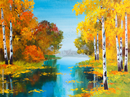 Obraz na płótnie obraz olejny krajobraz - brzozowy las w pobliżu rzeki