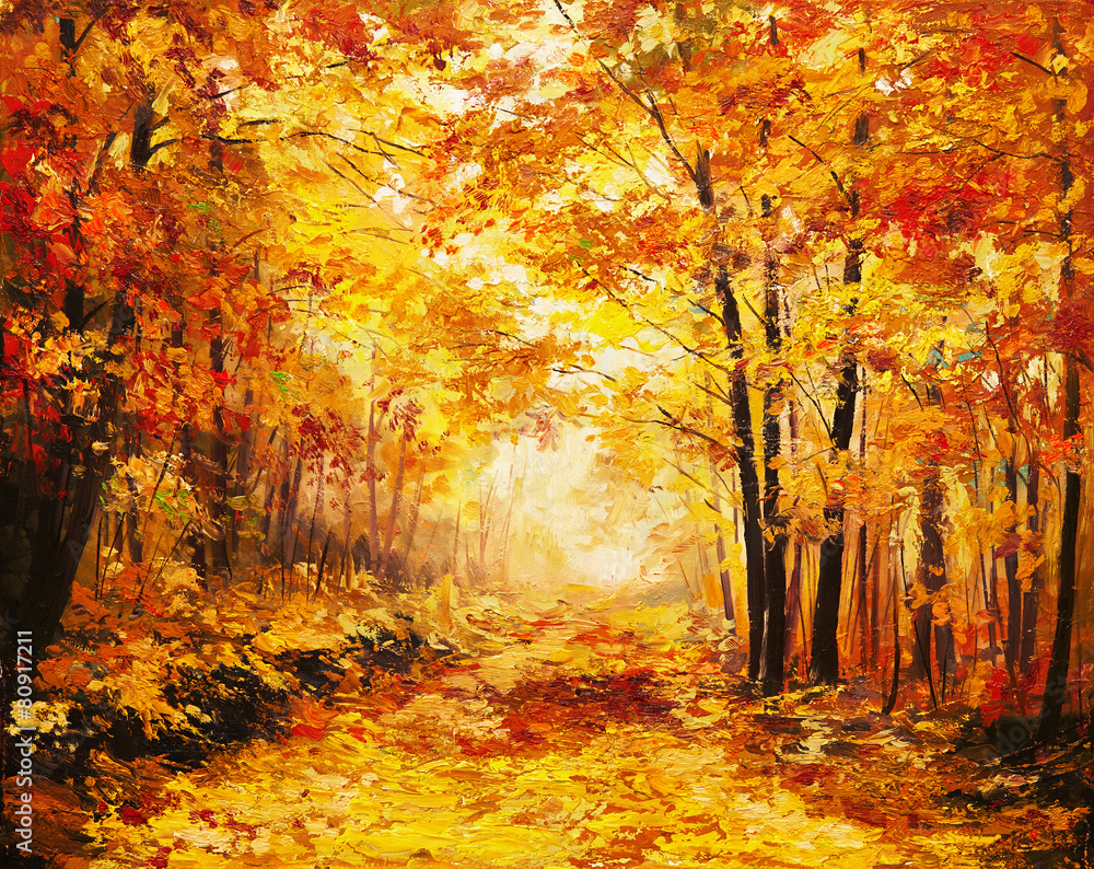 Obraz premium Oil painting landscape - colorful autumn forest