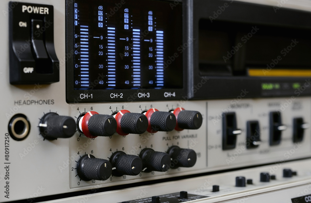 Professional video recorder. Betacam SP format. Sound control panel.