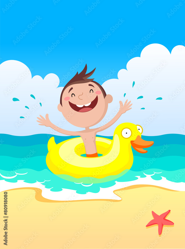 the child swims on a rubber ring, children in the summer
