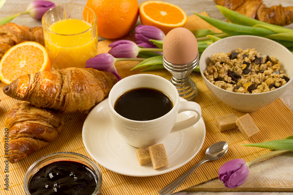 breakfast with croissants, orange juice and coffee breakfast with croissants, orange juice and coffee