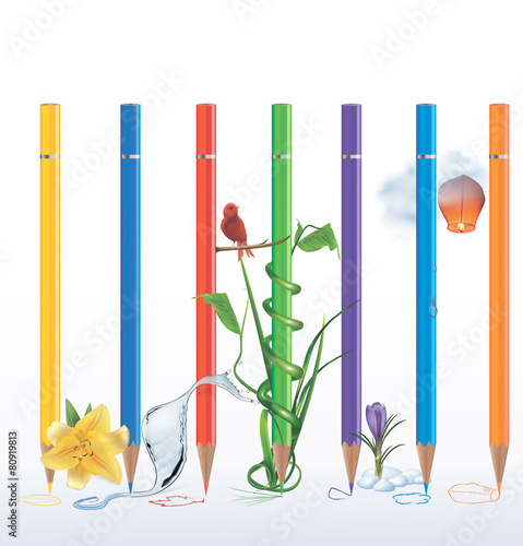Set of coloured pencils with sketches and pictures. Vector illus