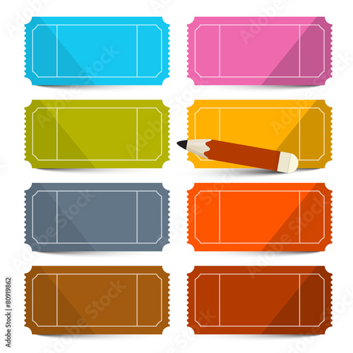 Colorful Vector Empty Tickets Set with Pencil