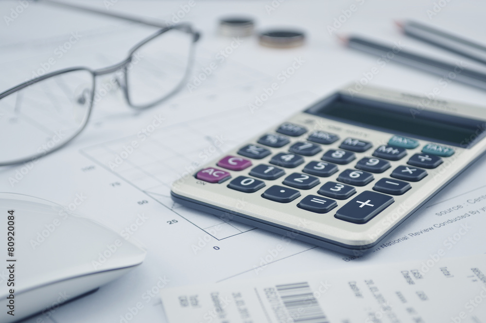 Calculator button plus, glasses coin pencil and mouse on graph p Calculator button plus, glasses coin pencil and mouse on graph p