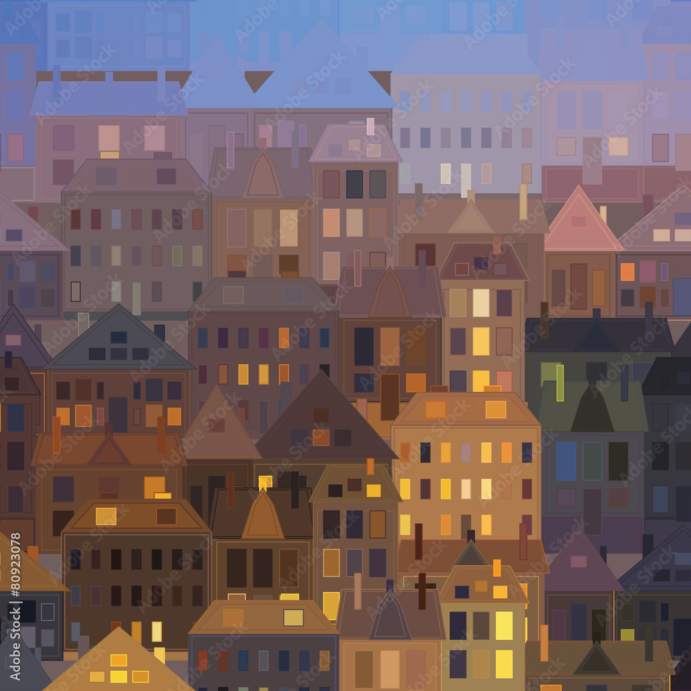 Night city Vector background vintage houses.
