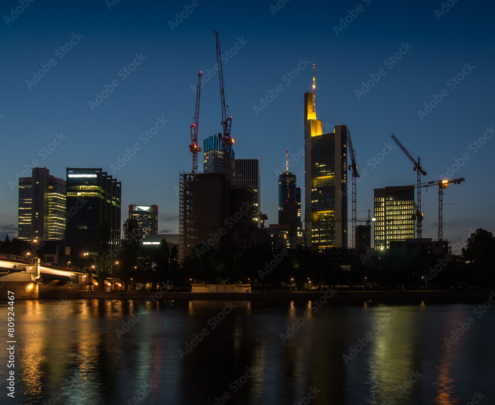 Skyscrapers at the River Main in Frankfurt, Germany, at sunset