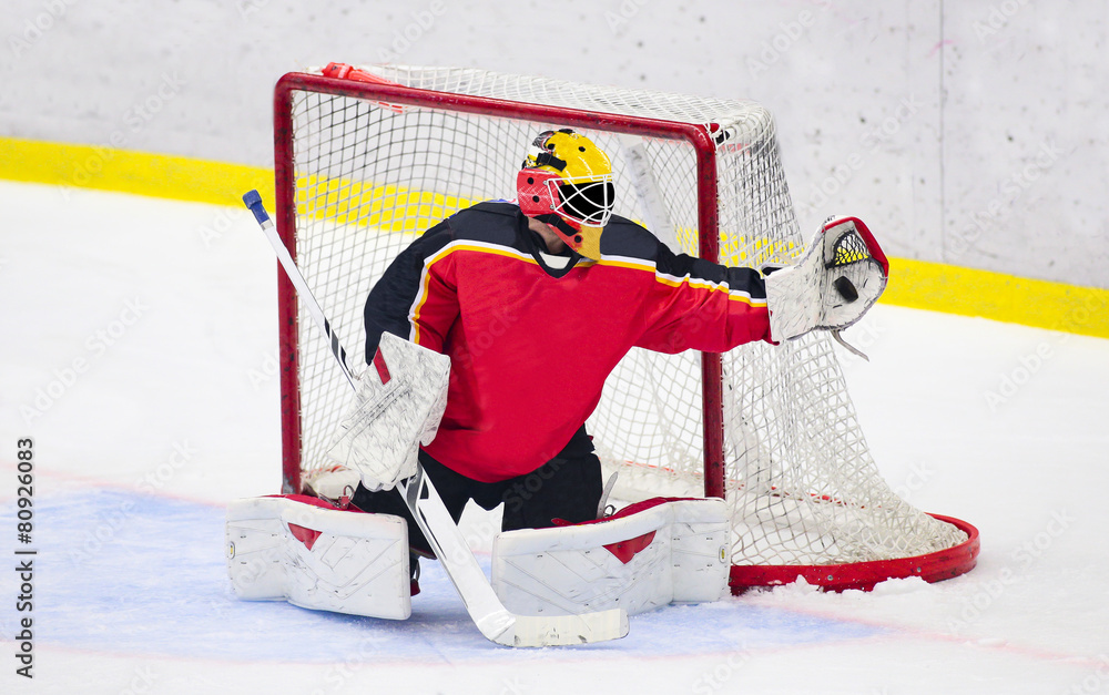 Fototapeta premium Ice Hockey - Goalie catches the puck