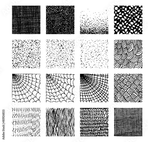 Vector texture by ink pen. Stripes, circles, dashes, hatching.