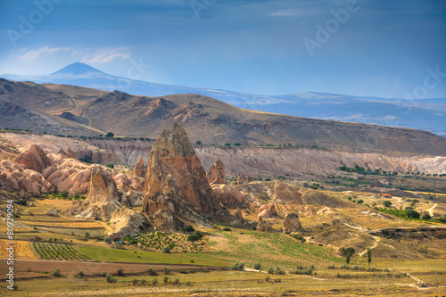 Panoramic view of idyllic mountain landscape in the Cappadocia.