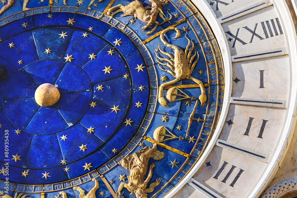 Closeup on Astronomical clock in square San Marco, Venice, Italy