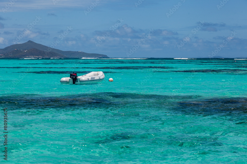 Lone Empty Dinghy Boat Floating Tropical Water Lone Empty Dinghy Boat Floating Tropical Water