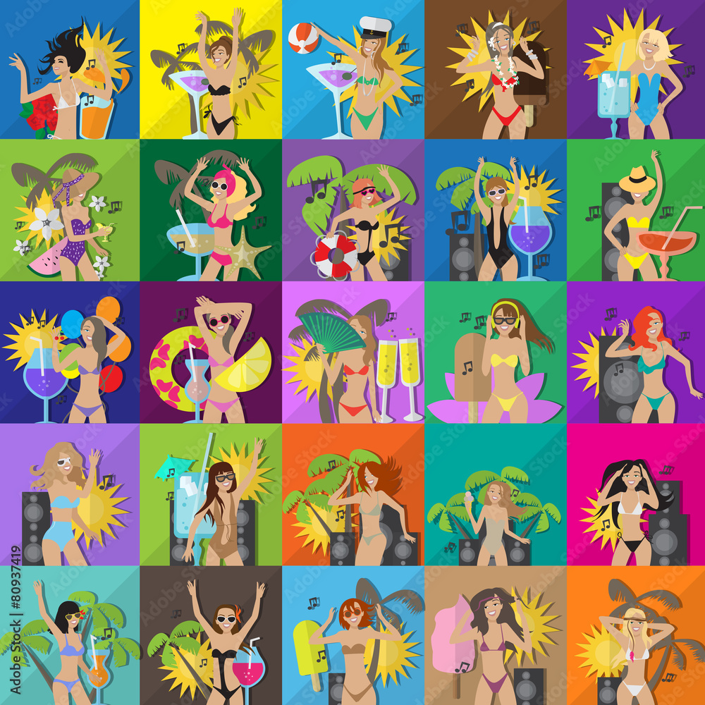 Flat Party Girls Set: Vector Illustration, Graphic Design. For Web, Websites, Print, Presentation Templates And Promotional Materials Flat Party Girls Set: Vector Illustration, Graphic Design. For Web, Websites, Print, Presentation Templates And Promotional Materials