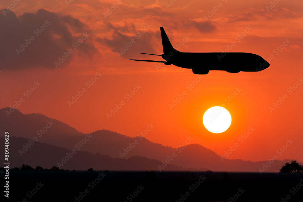 Silhouette of Airplane on big sunset Silhouette of Airplane on big sunset