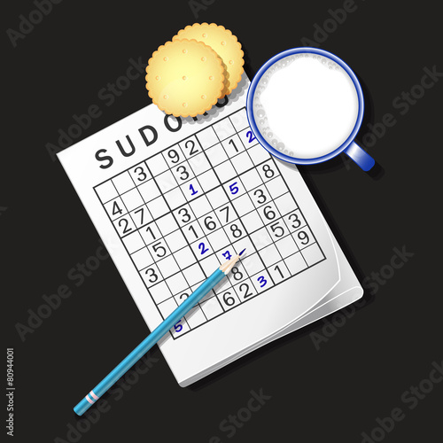 illustration of Sudoku game, mug of milk and cracker