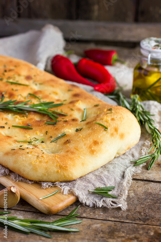 Italian focaccia bread with rosemary and garlic