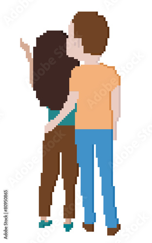 Back view of young couple. pixel art