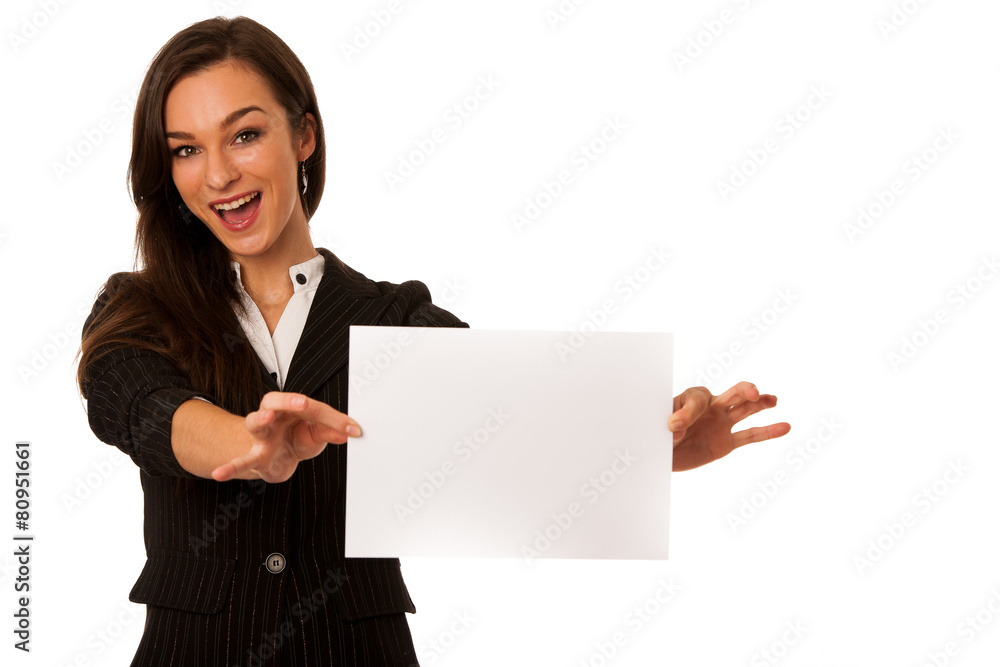 Beautiful young business woman showing a blank card isolated ove Beautiful young business woman showing a blank card isolated ove