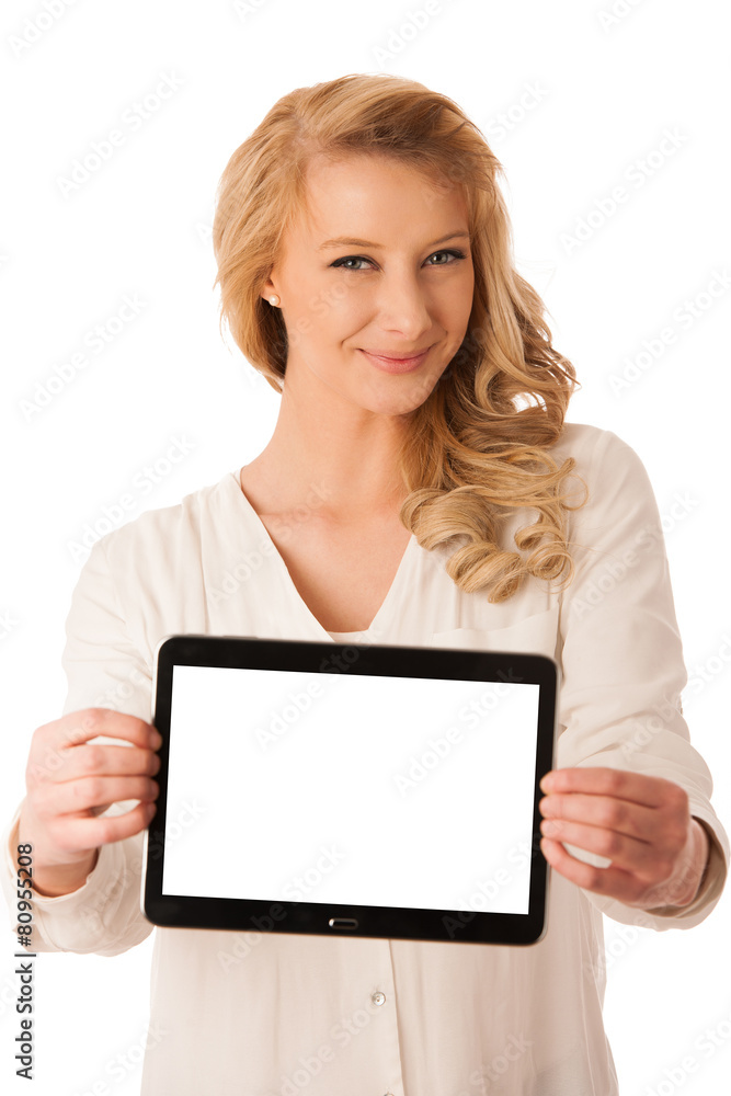 Beautiful young caucasian woman holding a tablet in her hand iso Beautiful young caucasian woman holding a tablet in her hand iso