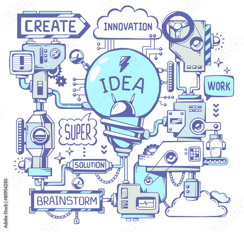 Vector illustration of successful model work of blue light bulb