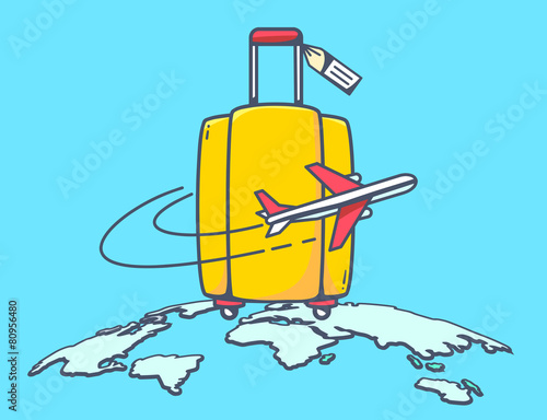 Vector illustration of flying air plane around yellow travel sui